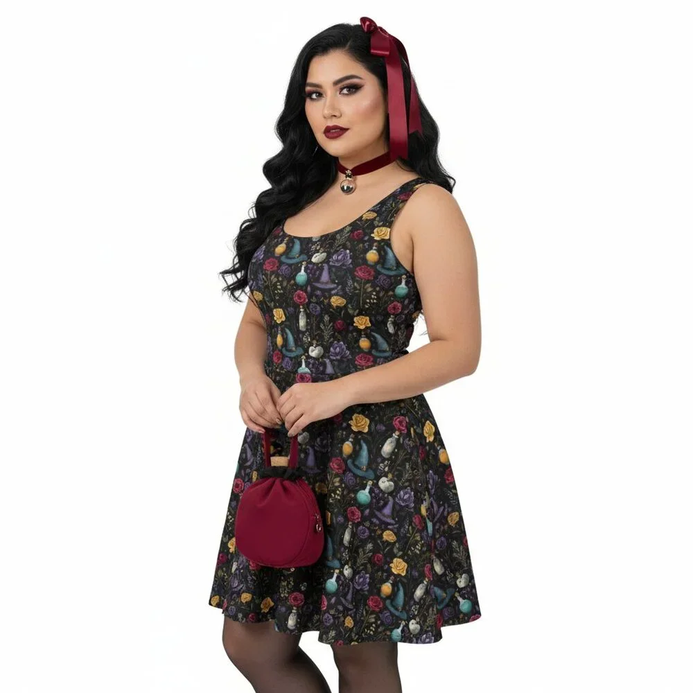 Whimsigoth Witchy Goth Fit & Flare Dress - Picture 1 of 14